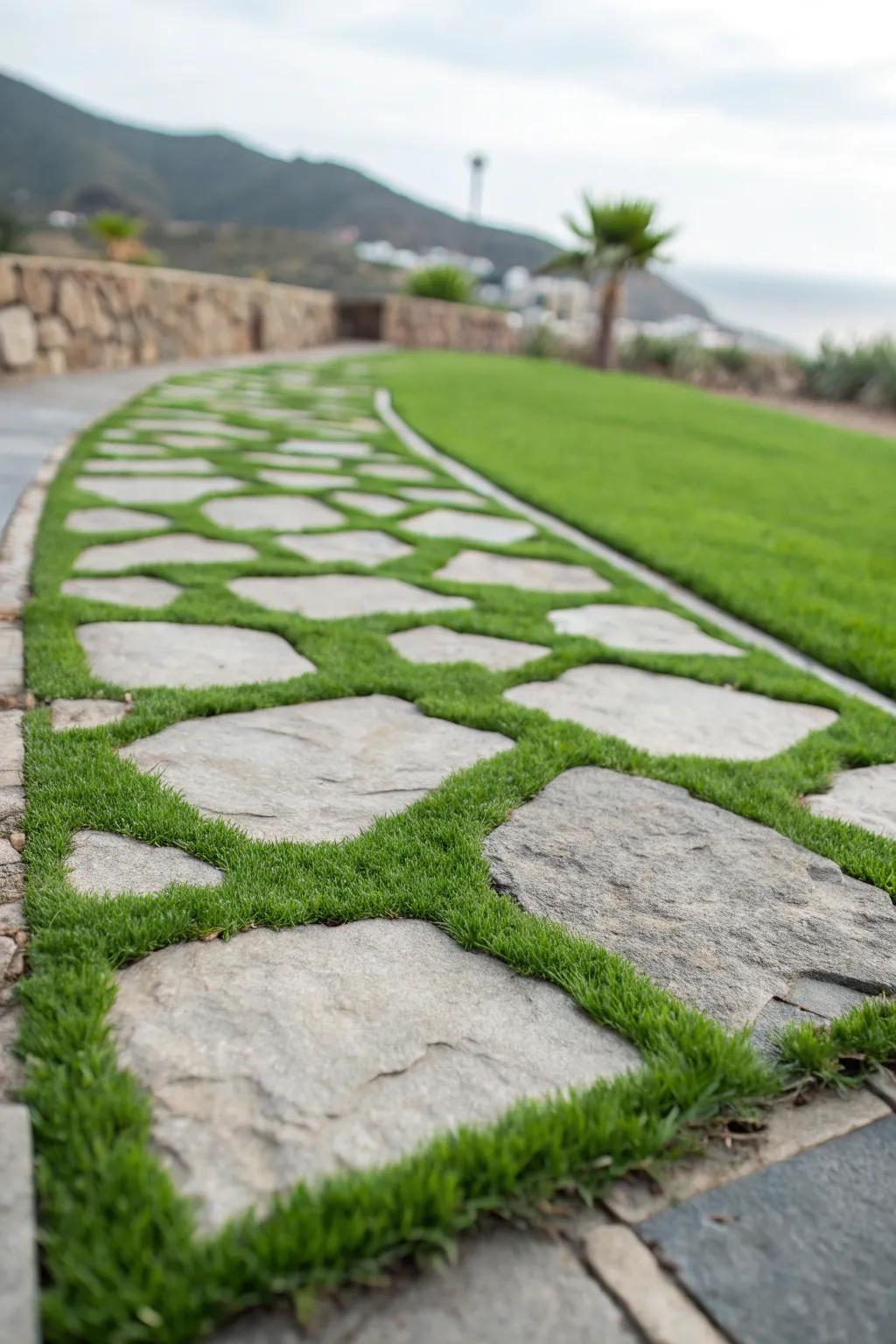 An enchanting walkway adorned with synthetic turf between the stones.