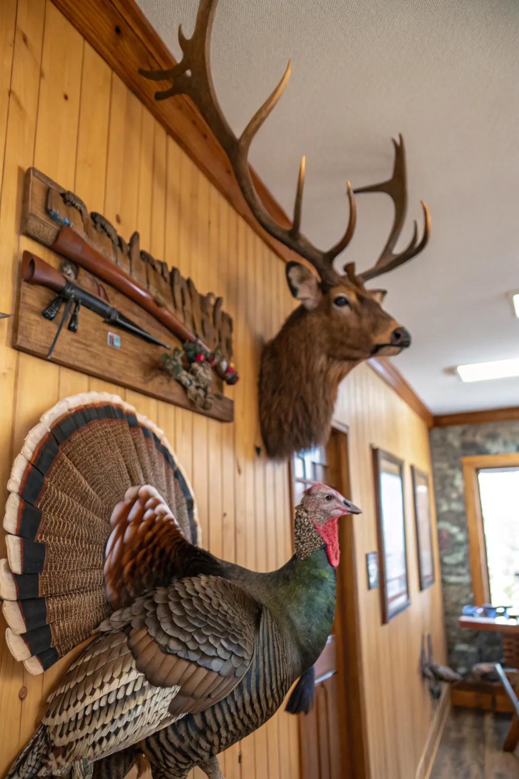 An awe-inspiring trophy arrangement featuring both turkey and deer displays.