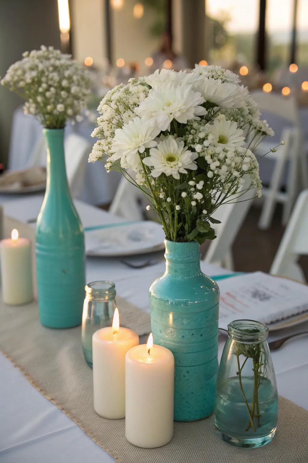 An aqua centerpiece transforms into the focal point of your table decor.