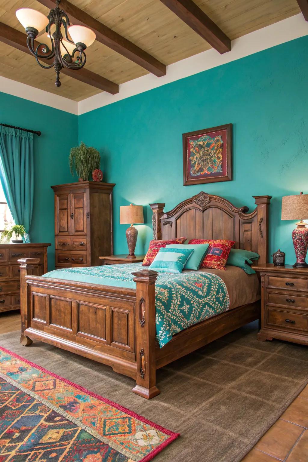 Wooden furniture adds warmth and contrast.
