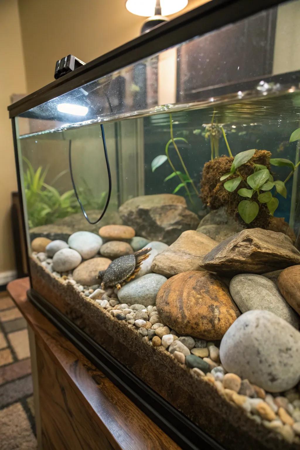 Smooth pebbles bring a natural shoreline sensation to your turtle’s dwelling.