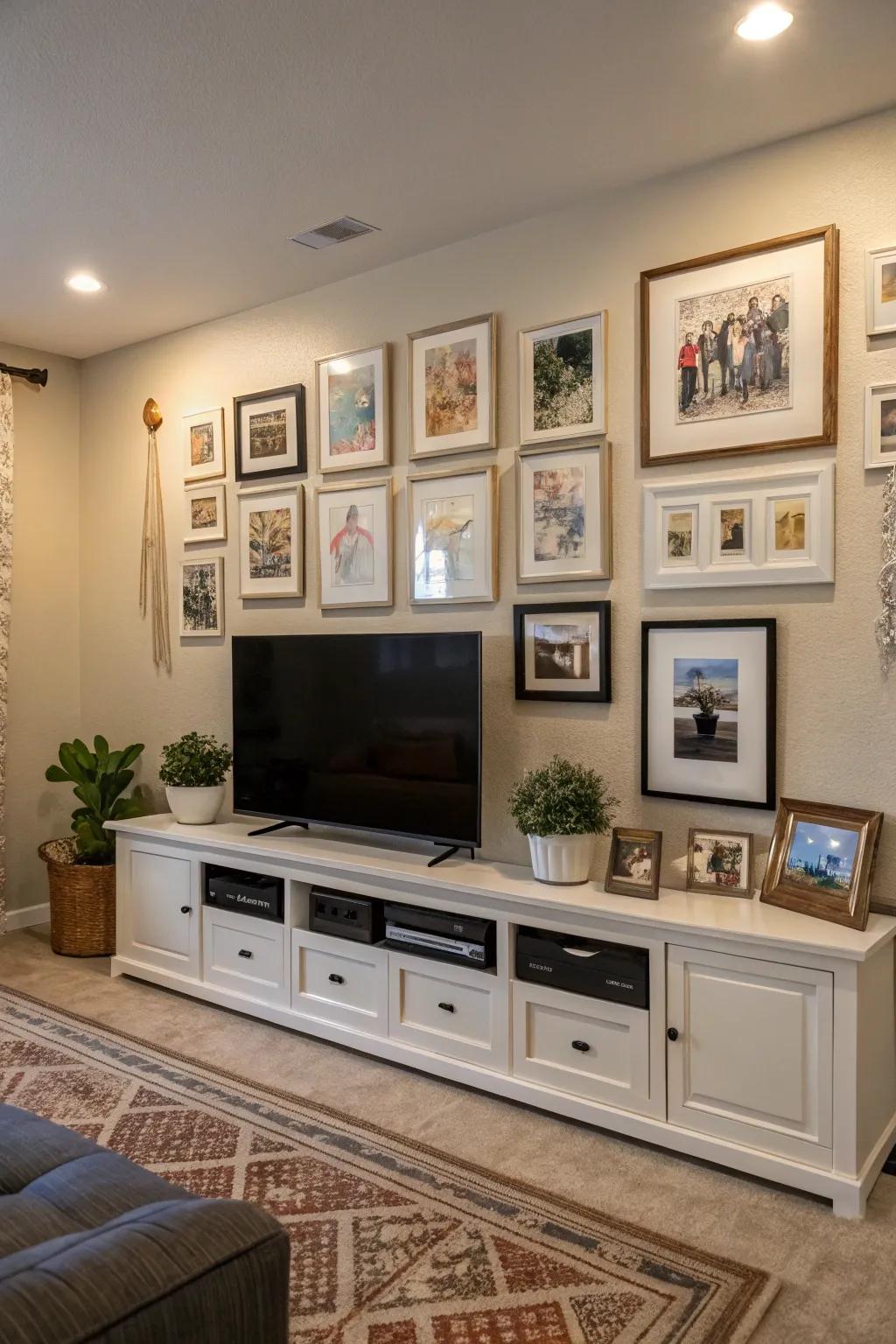 A curated wall transforms the TV into a component of the art assemblage in this fashionable living space.