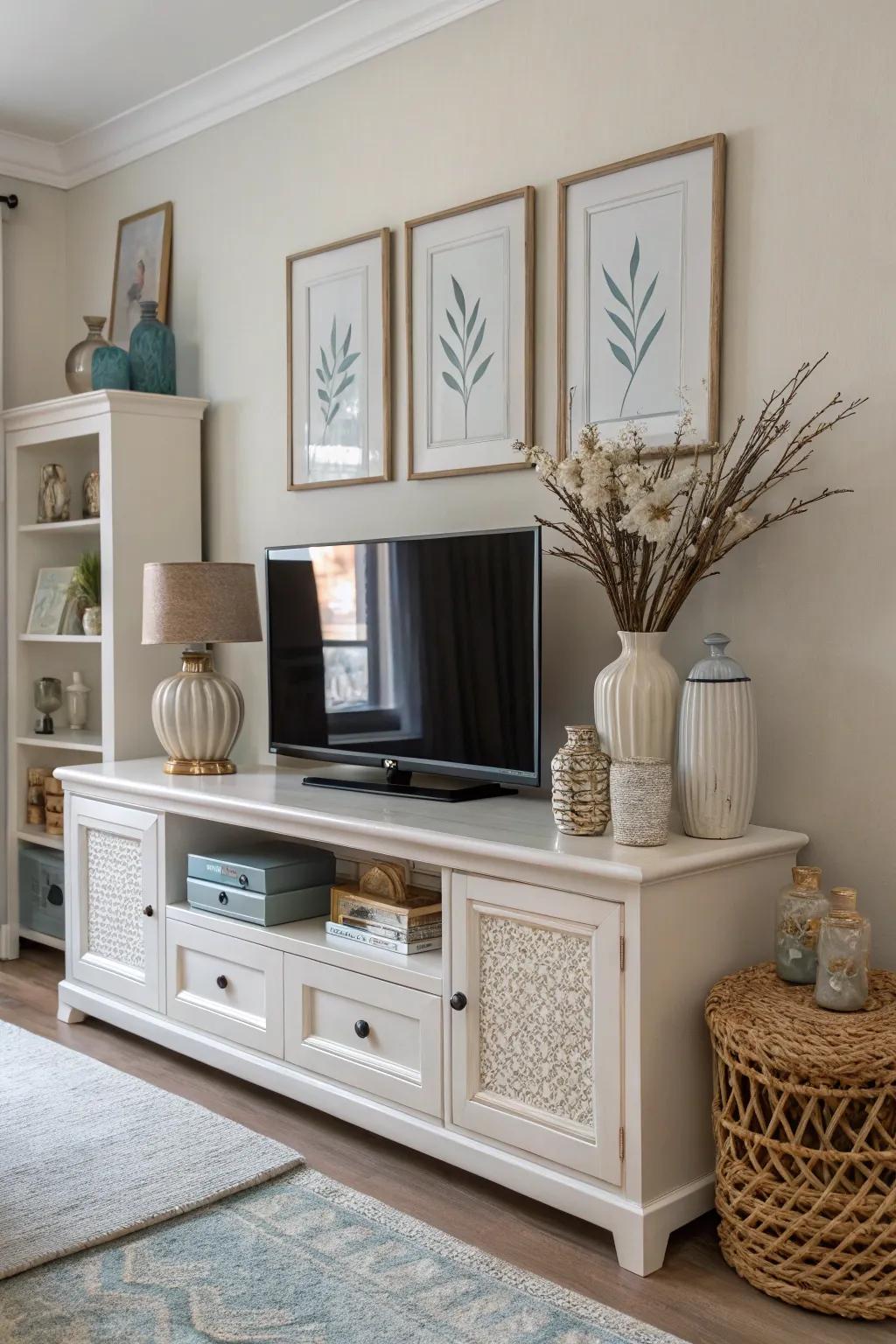 Color-coordinated pieces enhancing a TV stand.