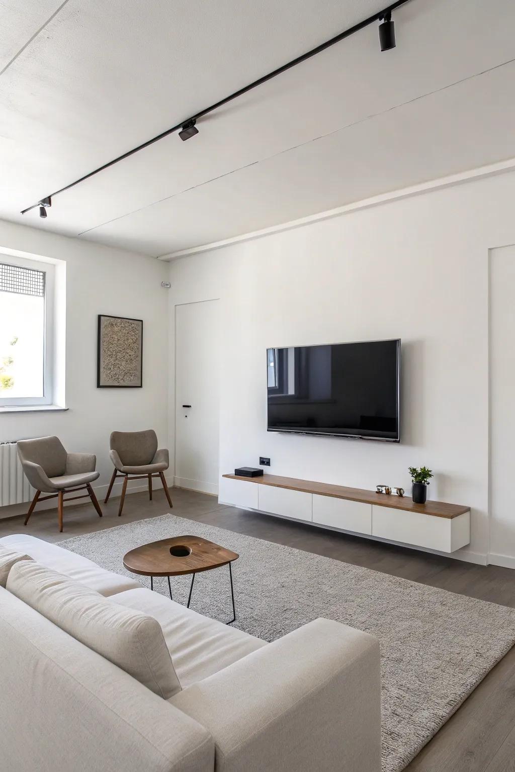 A minimalist TV wall that underscores simplicity and sophistication.