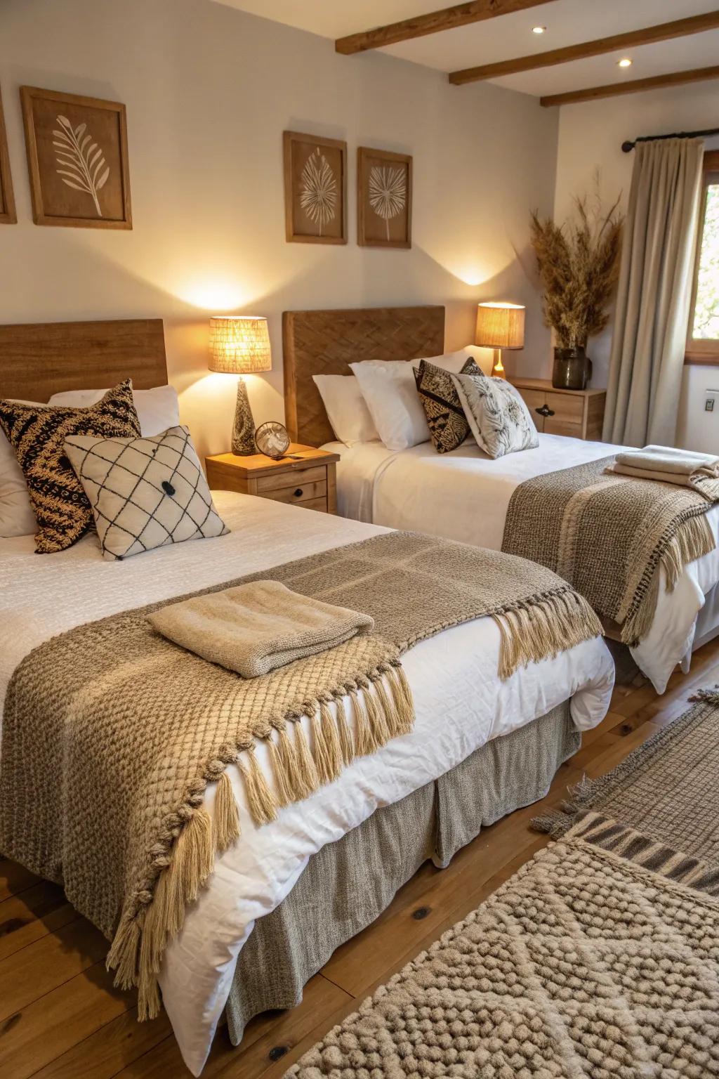 Mixing textures adds depth and a welcoming feel to twin bed arrangements.