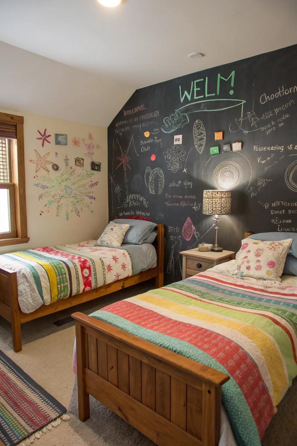 A chalkboard wall injects an interactive and creative dimension, turning everyday walls into canvases.