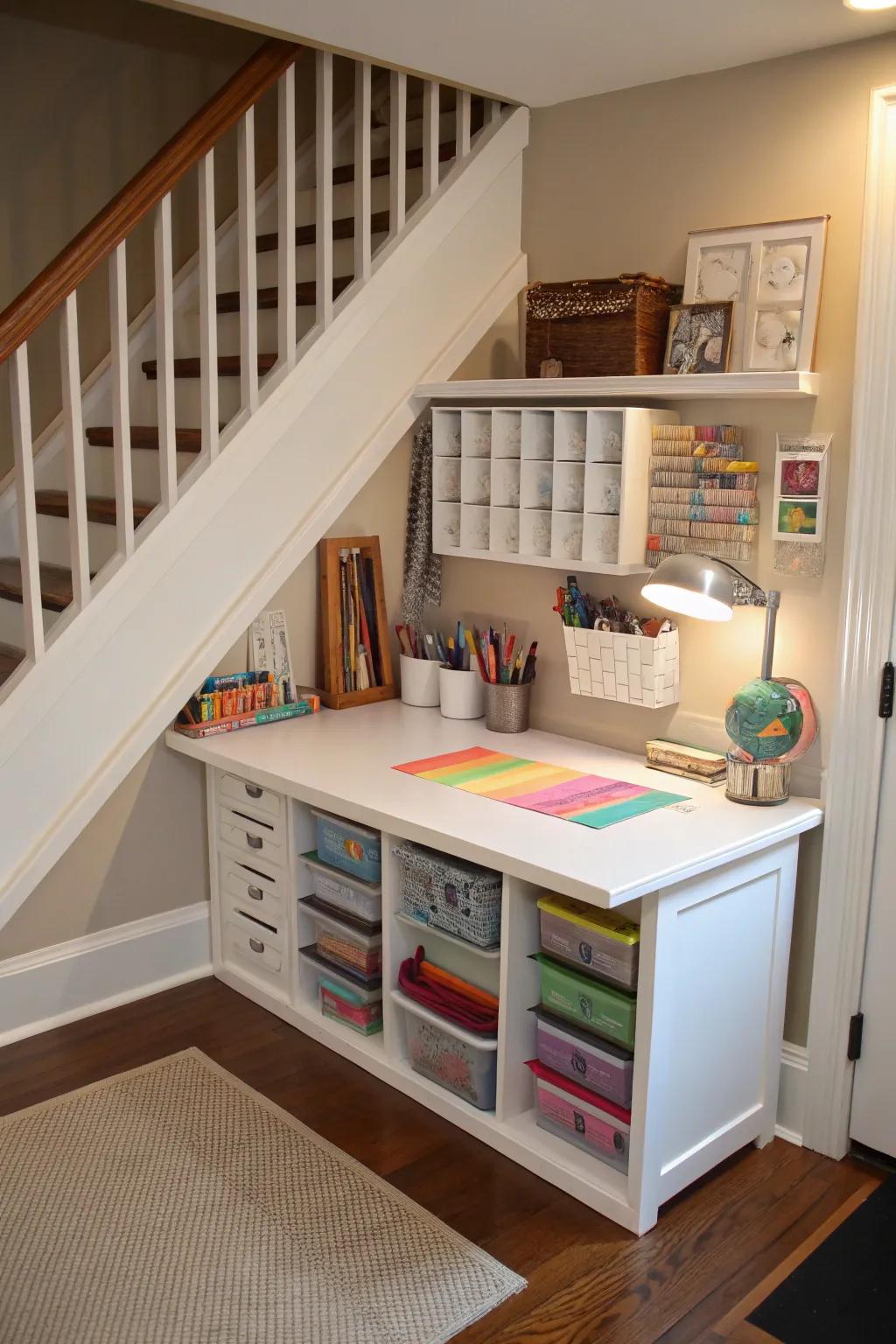 A compact crafting station located under the stairs for when inspiration strikes.