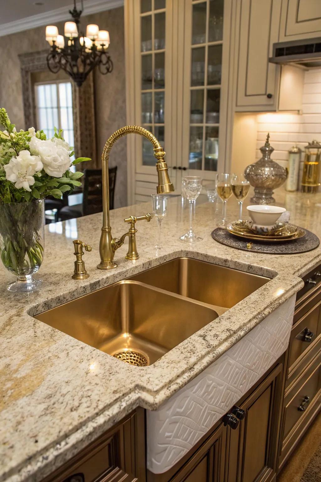 A brass undermount sink delivering a daring statement within a deluxe kitchen.