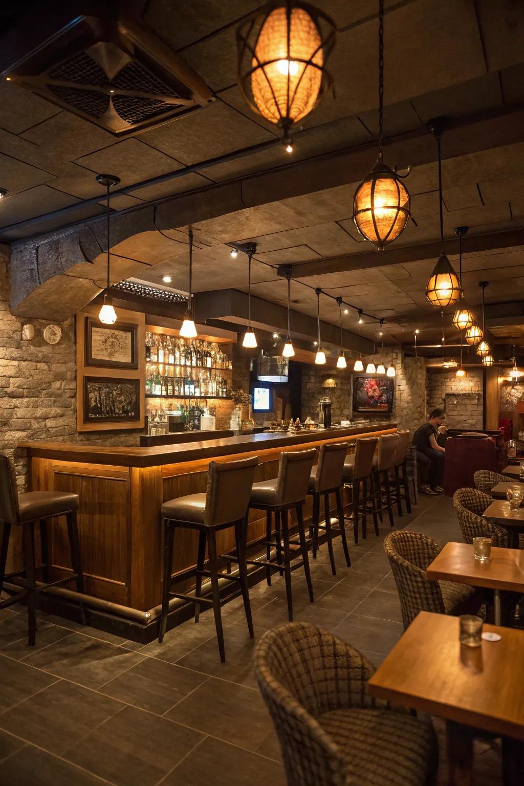 Pendant illumination improves the atmosphere of a basement pub.