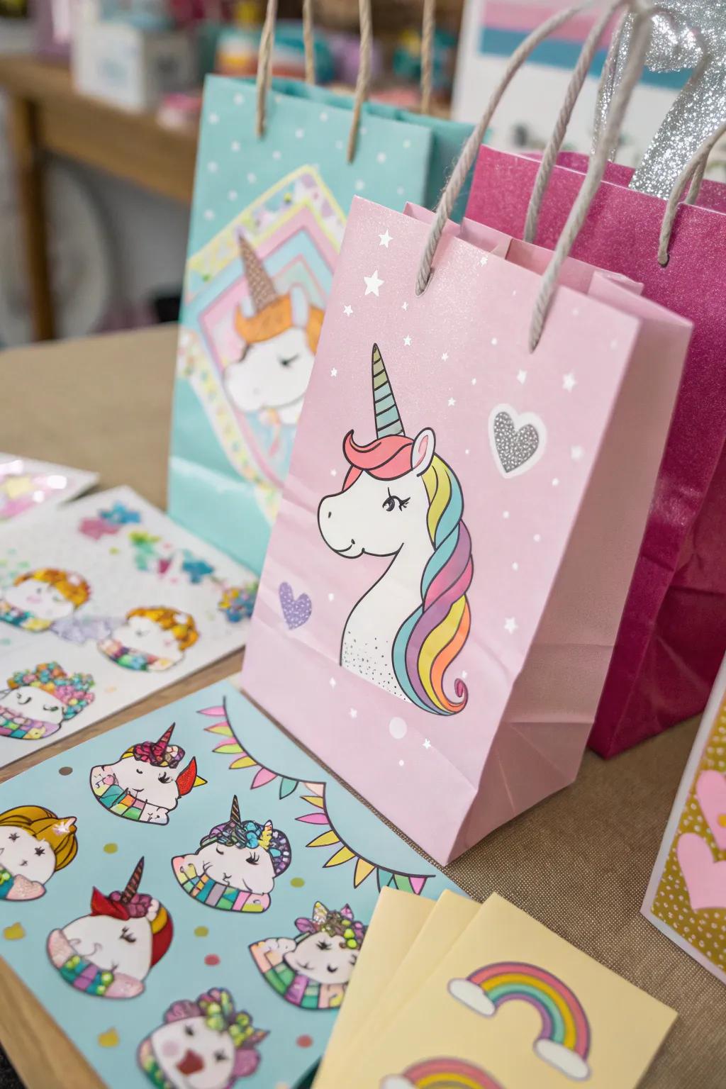 DIY unicorn treat pouches showcasing a colorful selection of stickers.
