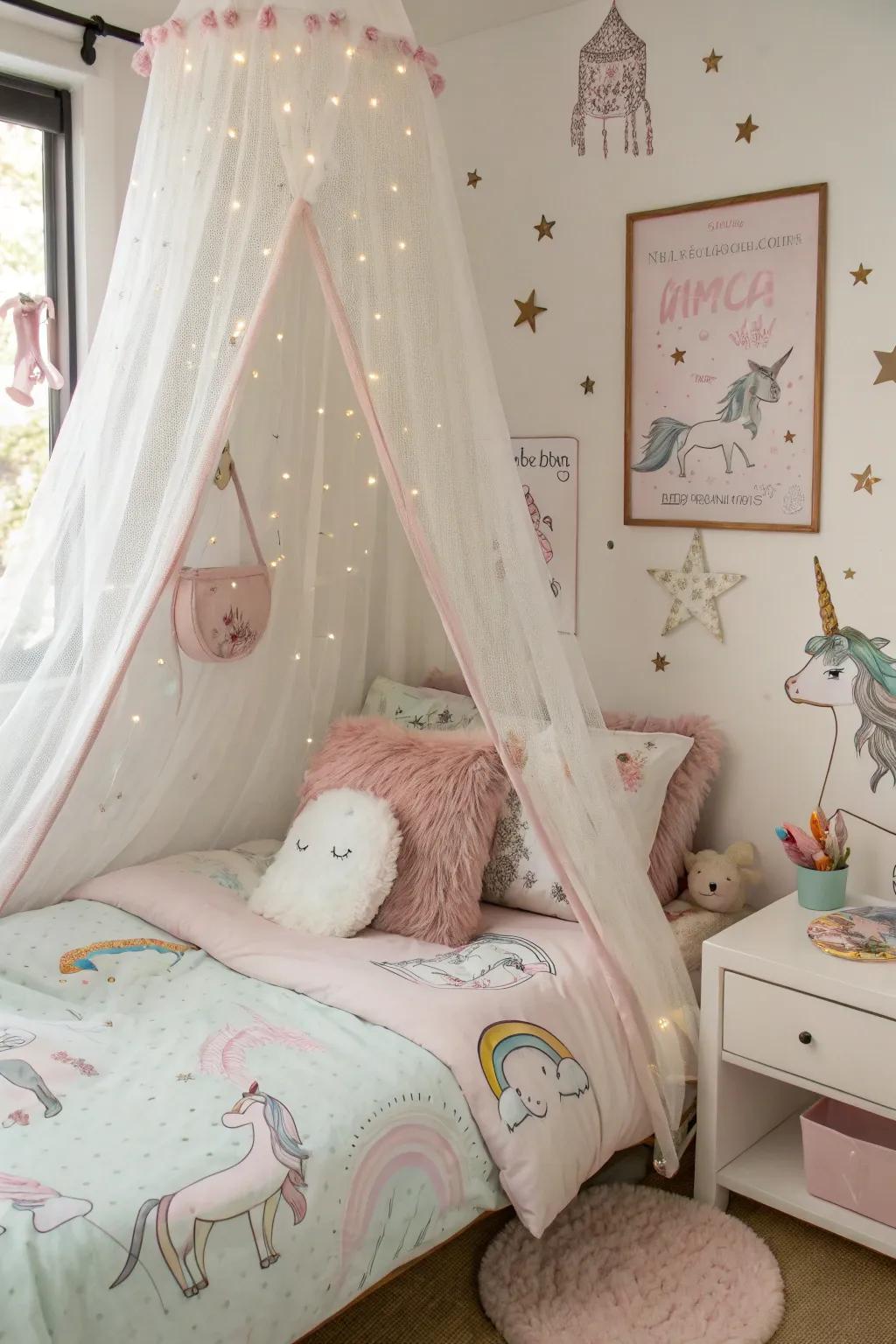 A dainty covering contributes a storybook aspect to a space.