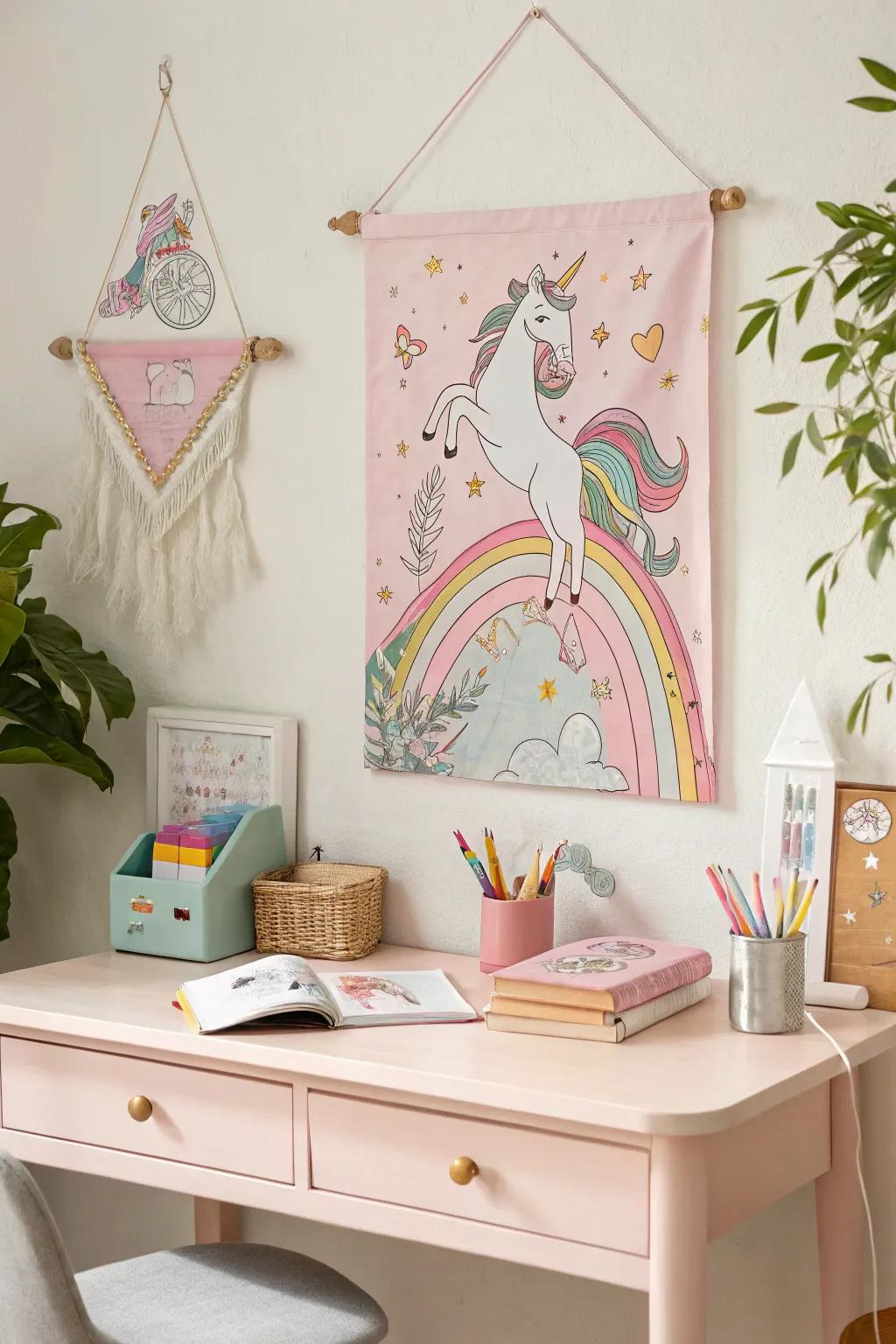Enchanted wall art brings charm to a unicorn-themed room.