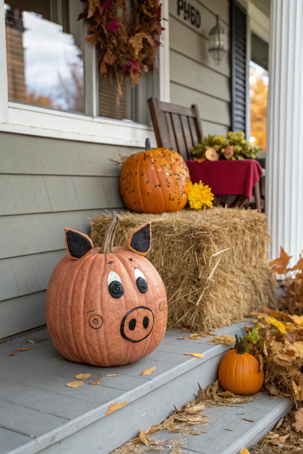 A pumpkin smartly styled to resemble a pig, replete with ears and snout.
