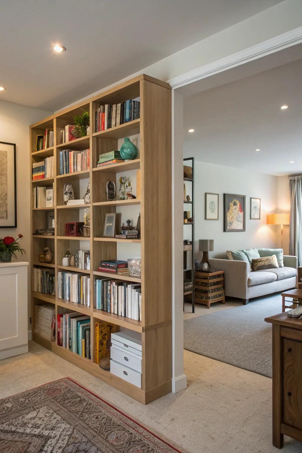 A useful open shelving divider that displays decorations beautifully.