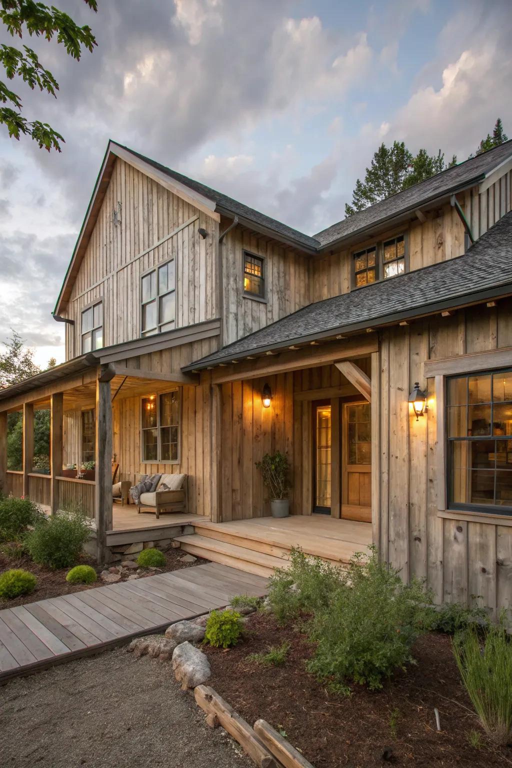 A rustic home featuring comforting timber siding details.