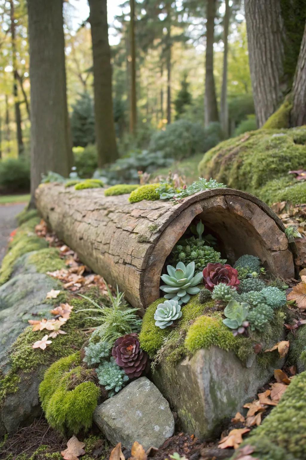 A rustic log repurposed into a natural succulent vessel.
