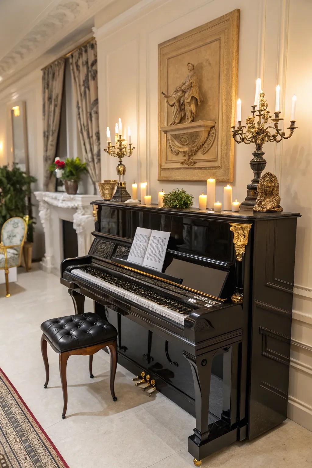 An exquisite room featuring an upright piano adorned with select sculptures and candles.