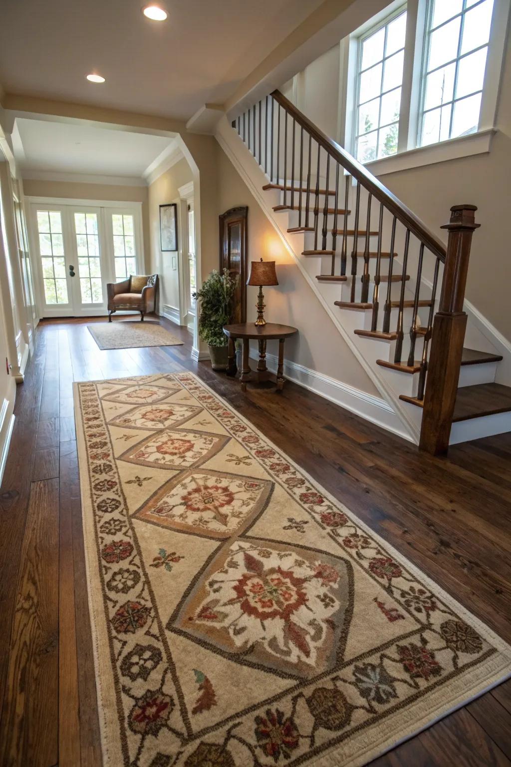 A patterned rug adds warmth and cohesion to the upper hallway.