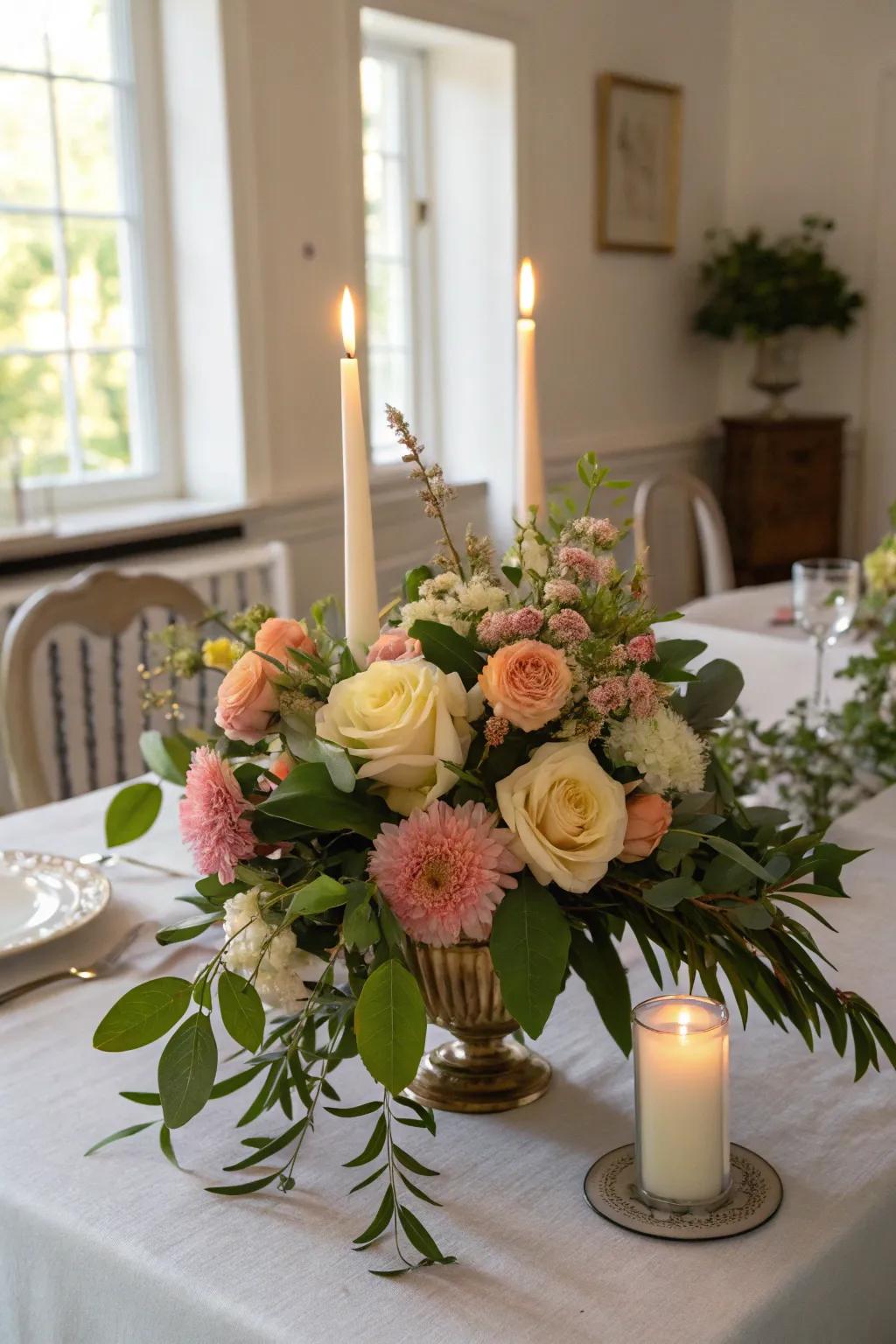 A romantic table setup with candles and flowers.