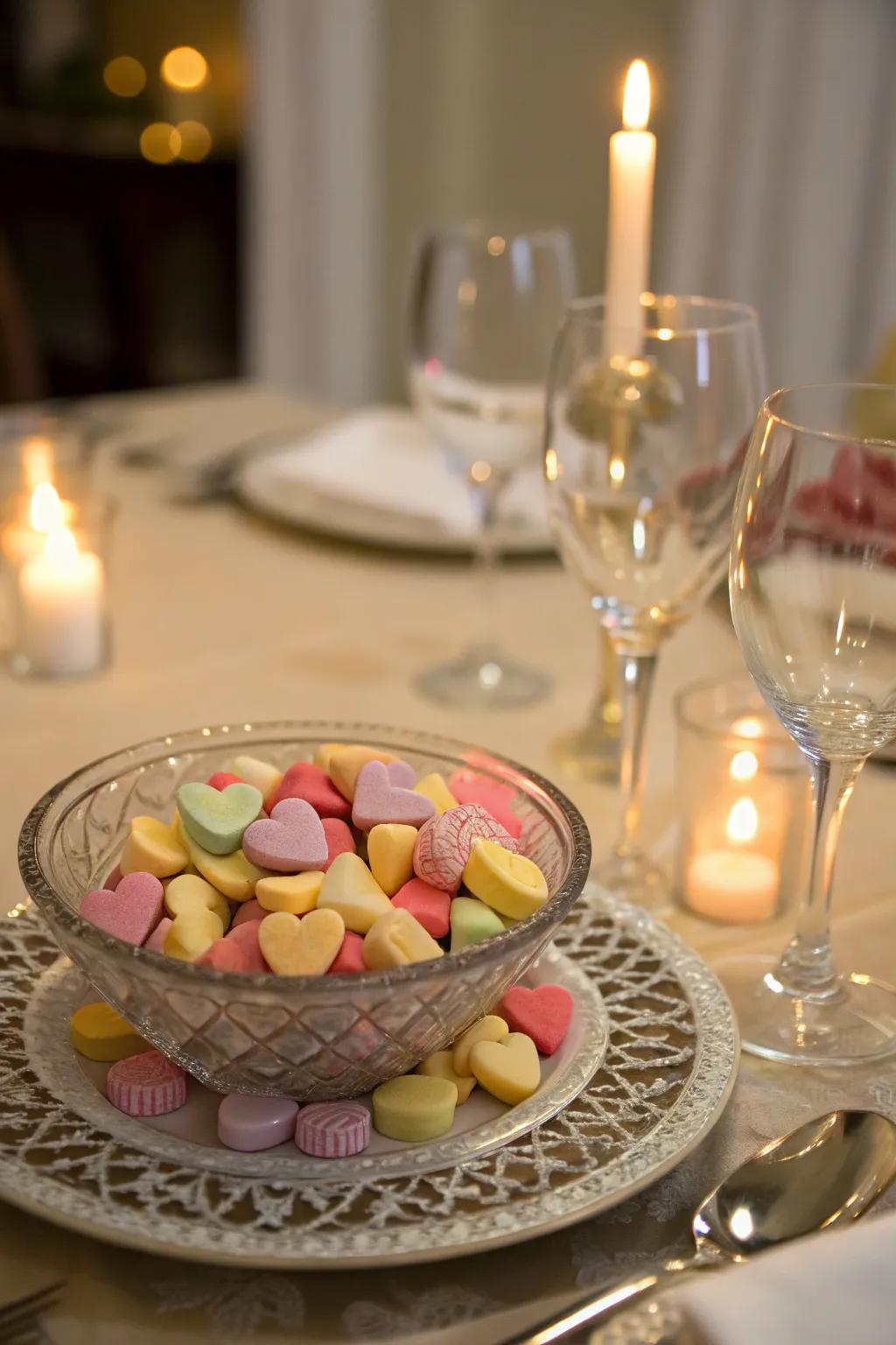 Heart-shaped candies add a sweet accent to the table.