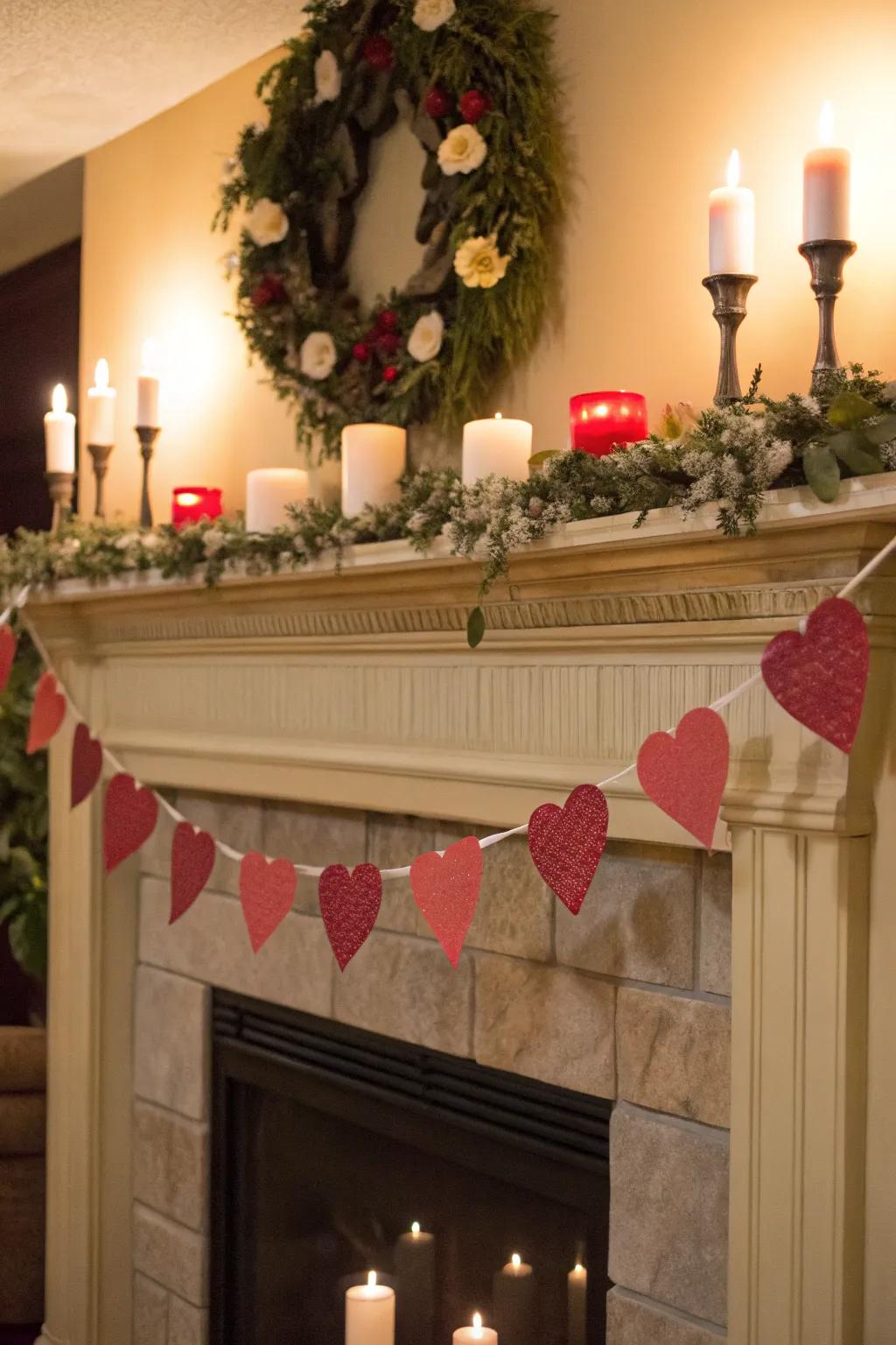 Lovely mantel exhibiting a heart garland and lights