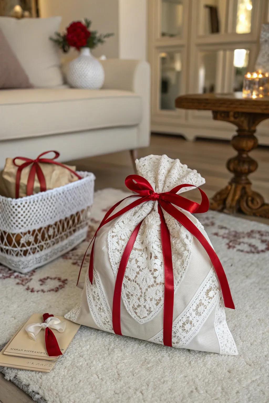 Refined Valentine's bag embellished with ribbons and lace.