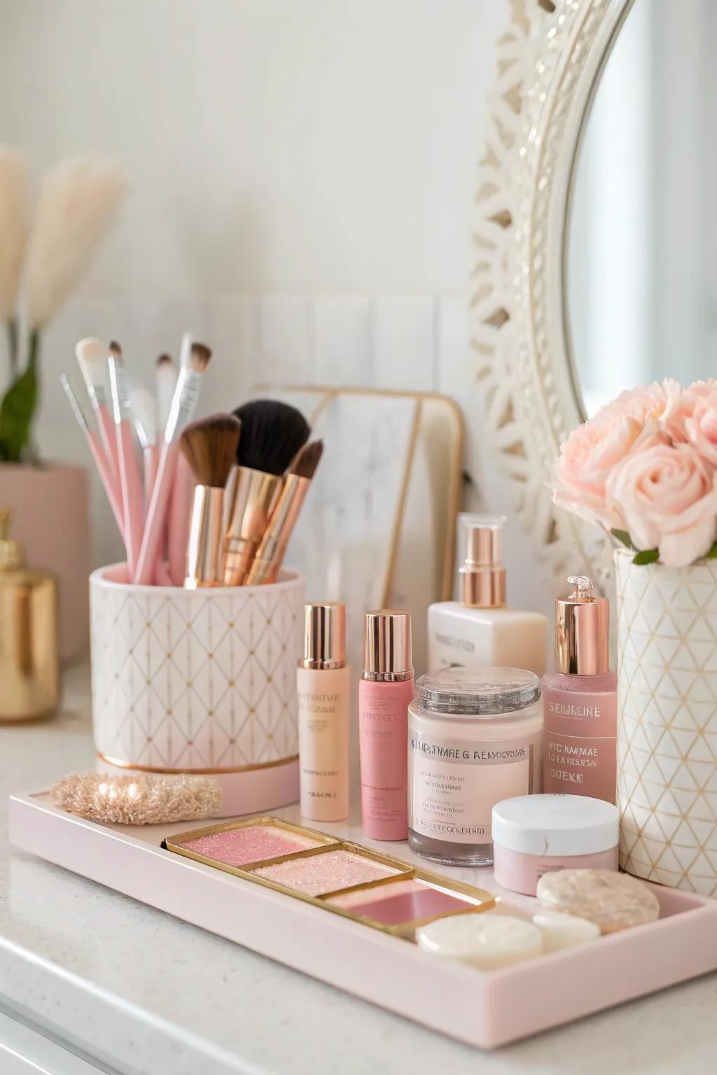 Pastel colors produce a serene vanity setting.