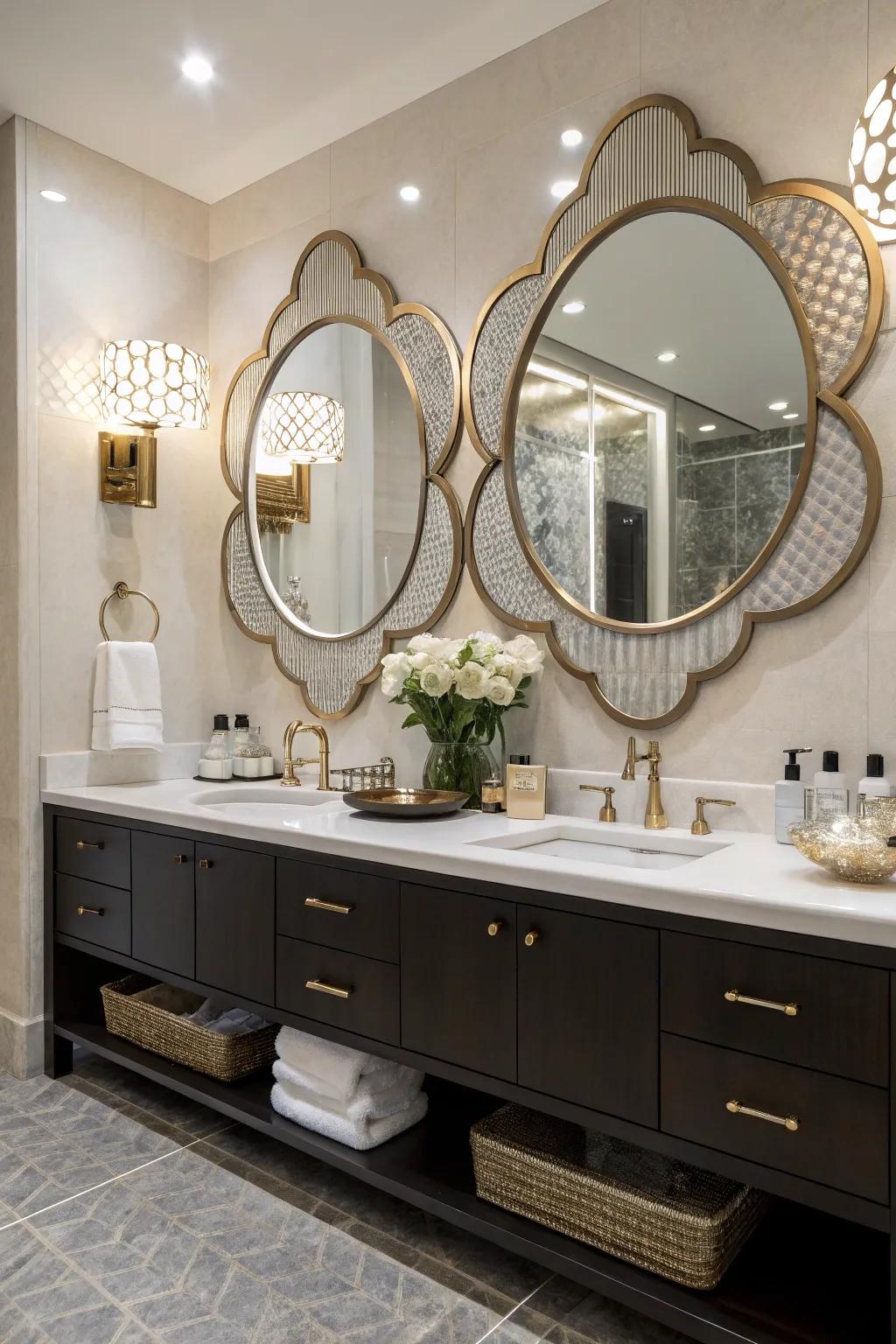 An artistic vanity featuring creatively shaped mirrors.