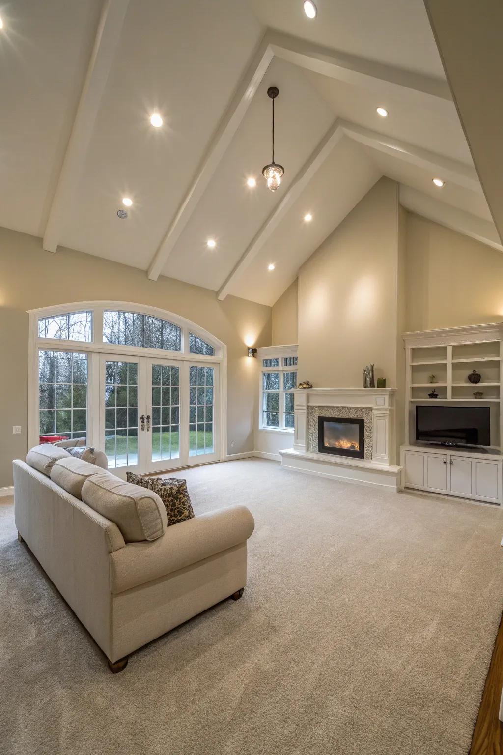 Recessed lighting is a smooth, subtle option for vaulted ceilings.