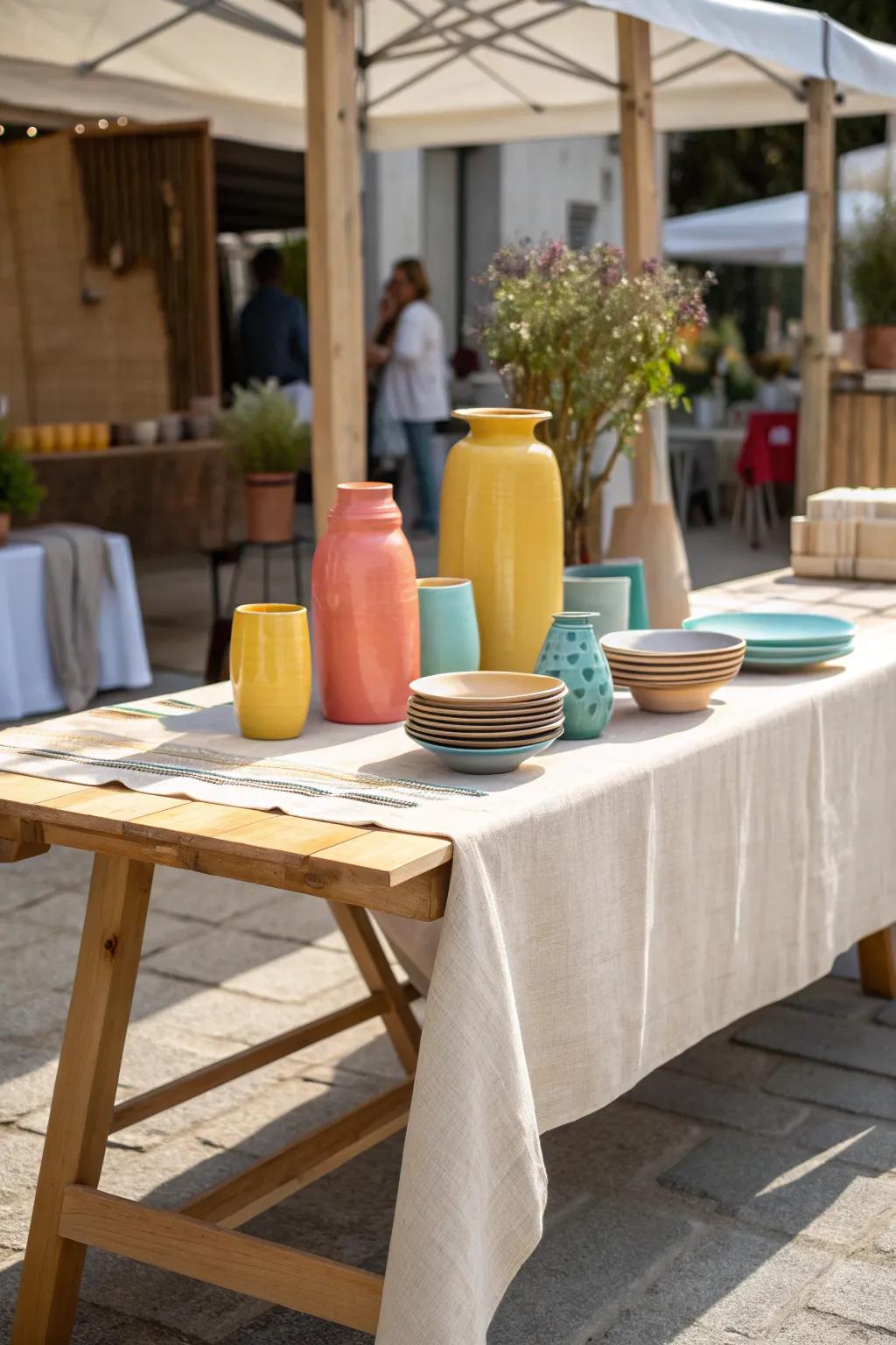 Infuse your vendor's table with a radiant color spectrum, captivating and beckoning further inspection. <strong><em>🎨 #ColorPop #VendorTable</em></strong>&rdquo; loading=&rdquo;lazy&rdquo; class=&rdquo;pimg&rdquo;>
	</picture><figcaption>Infuse your vendor&rsquo;s table with a radiant color spectrum, captivating and beckoning further inspection. <strong><em>🎨 #ColorPop #VendorTable</em></strong></figcaption></figure>
<p>Incorporating lively colors can instantly brighten your table, ensuring it captures the eyes of everyone present. These hues evoke feeling, setting a welcoming stage for your prospective patrons.</p>
<h3>Try these:</h3>
<ul class=