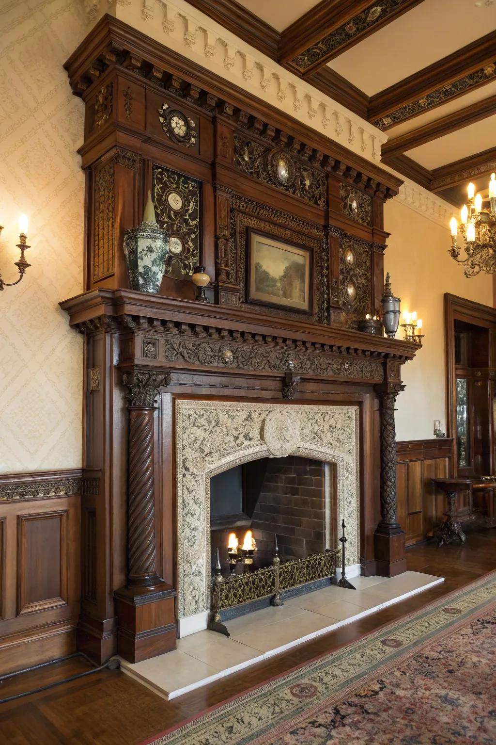 A decorative hearth enhances the room's historical appeal.