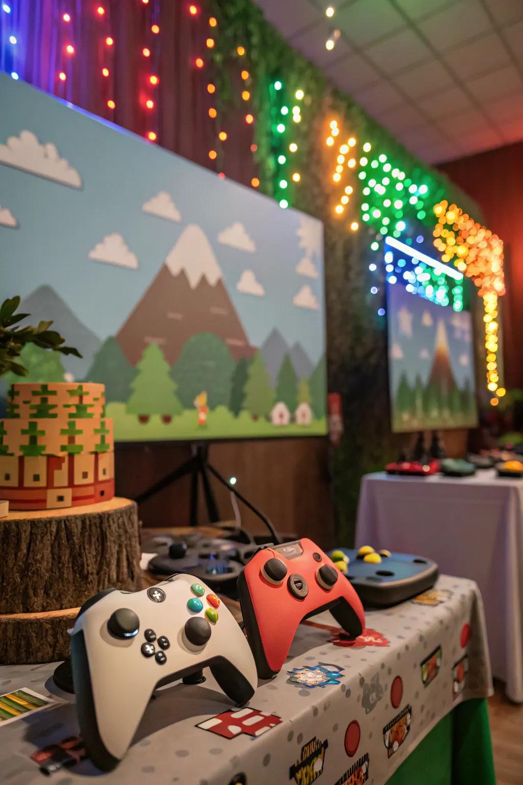 A gaming-inspired backdrop furnishes an enjoyable photographic prospect.