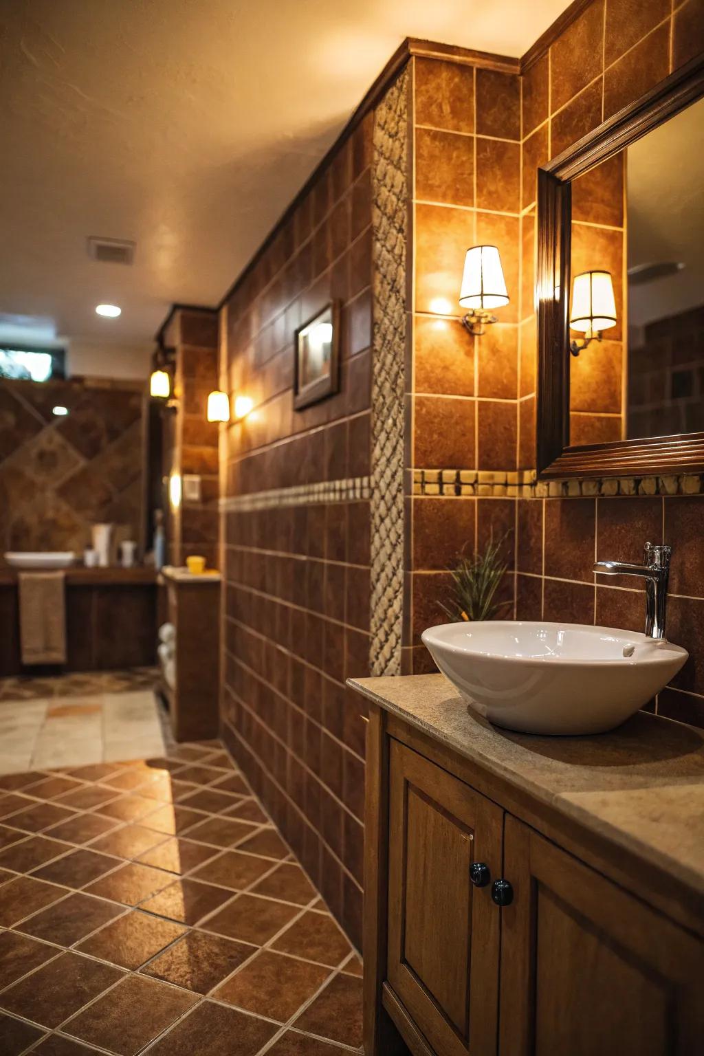 Soft lighting highlights the rich tones of brown tiles.