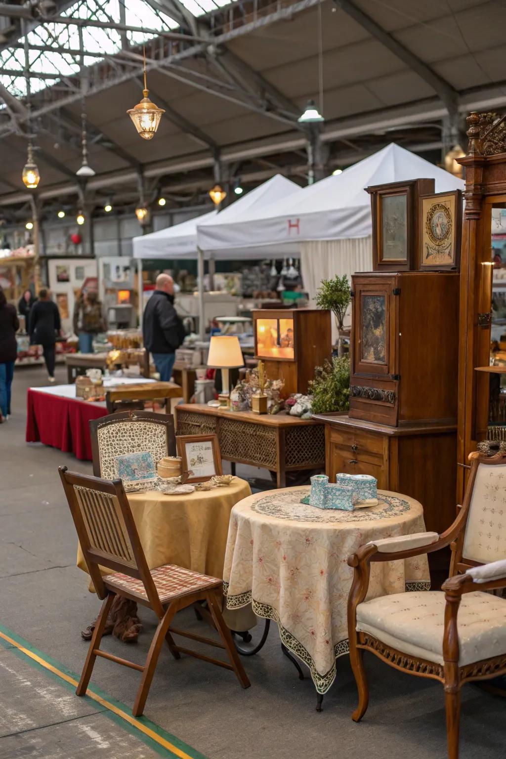 Incorporating vintage furnishings into market booth designs.
