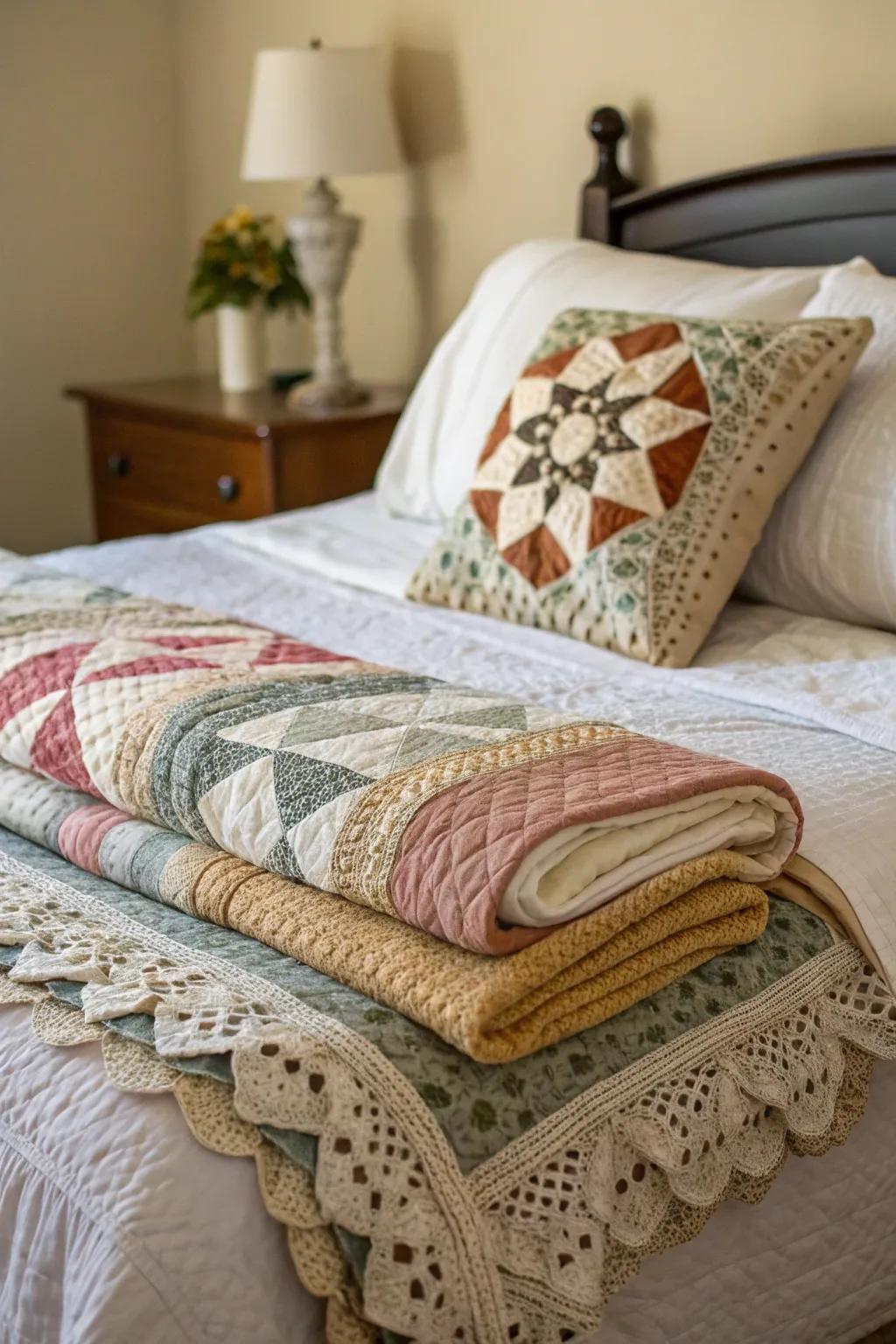 Fabrics layered create comfort and nostalgia.
