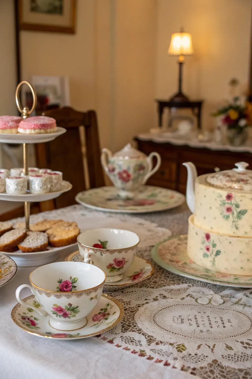 An enchanting vintage tea party arrangement for a Sweet 16 celebration.