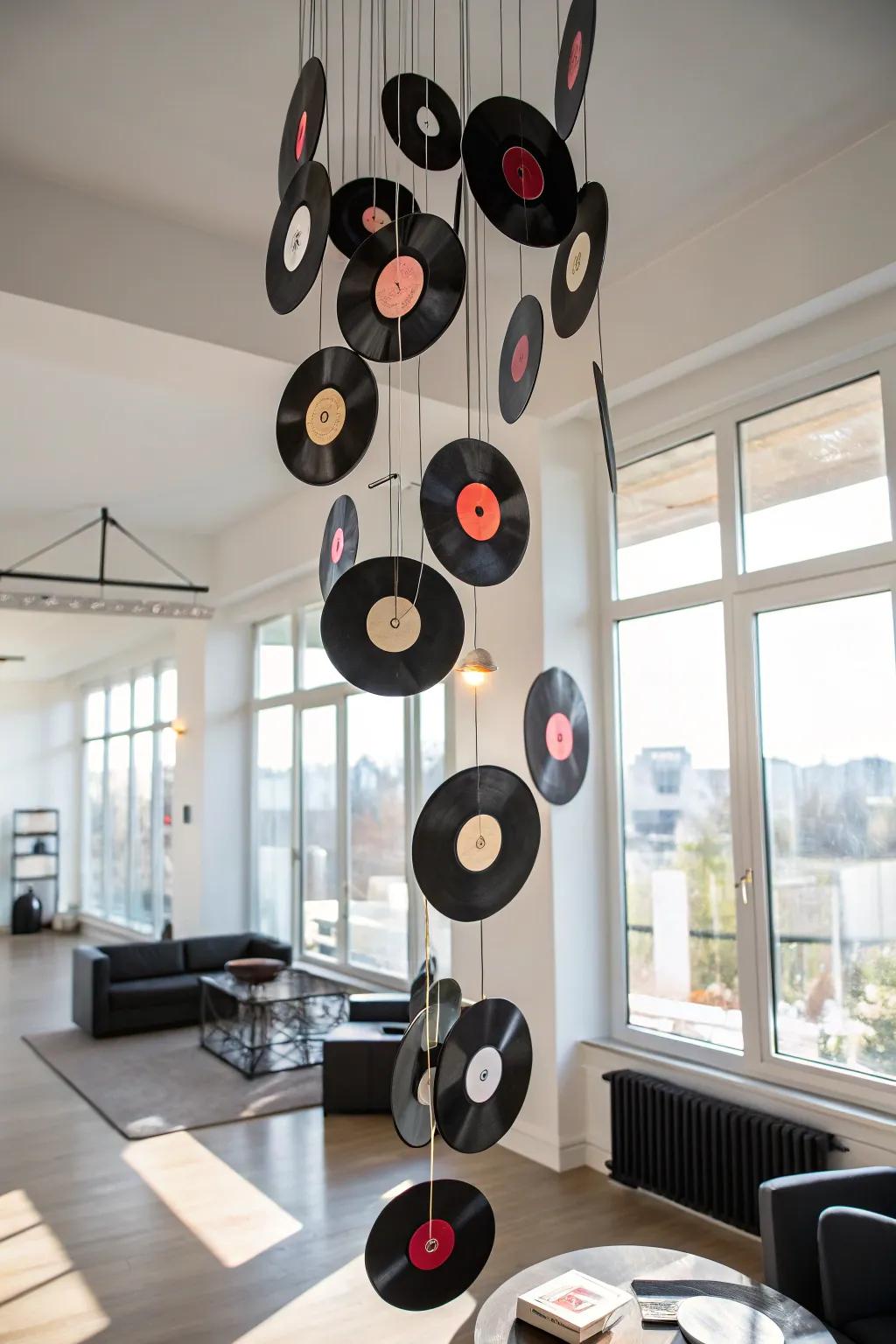 Infuse your space with a sense of dynamism using a vinyl record mobile.