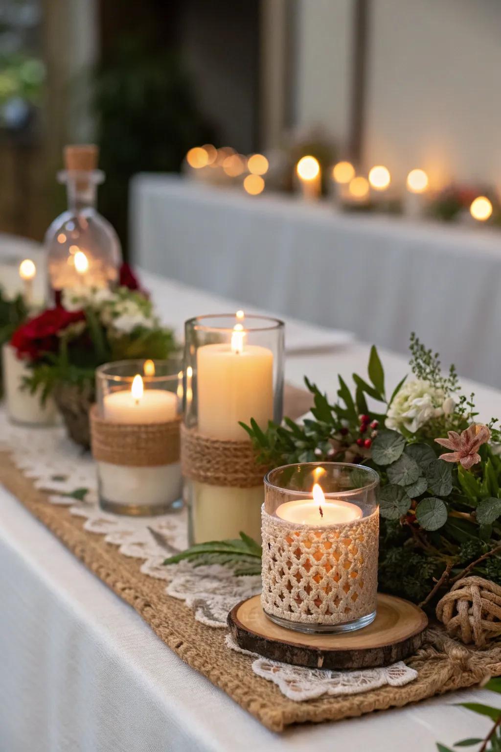 Divergent candle elevations add an active charm to your centerpiece.