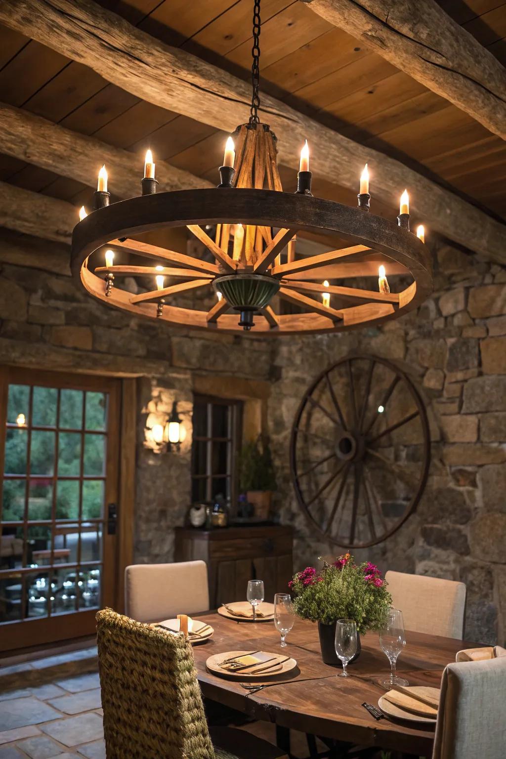 A cartwheel changed into an elegant overhead light fixture above a meals table.
