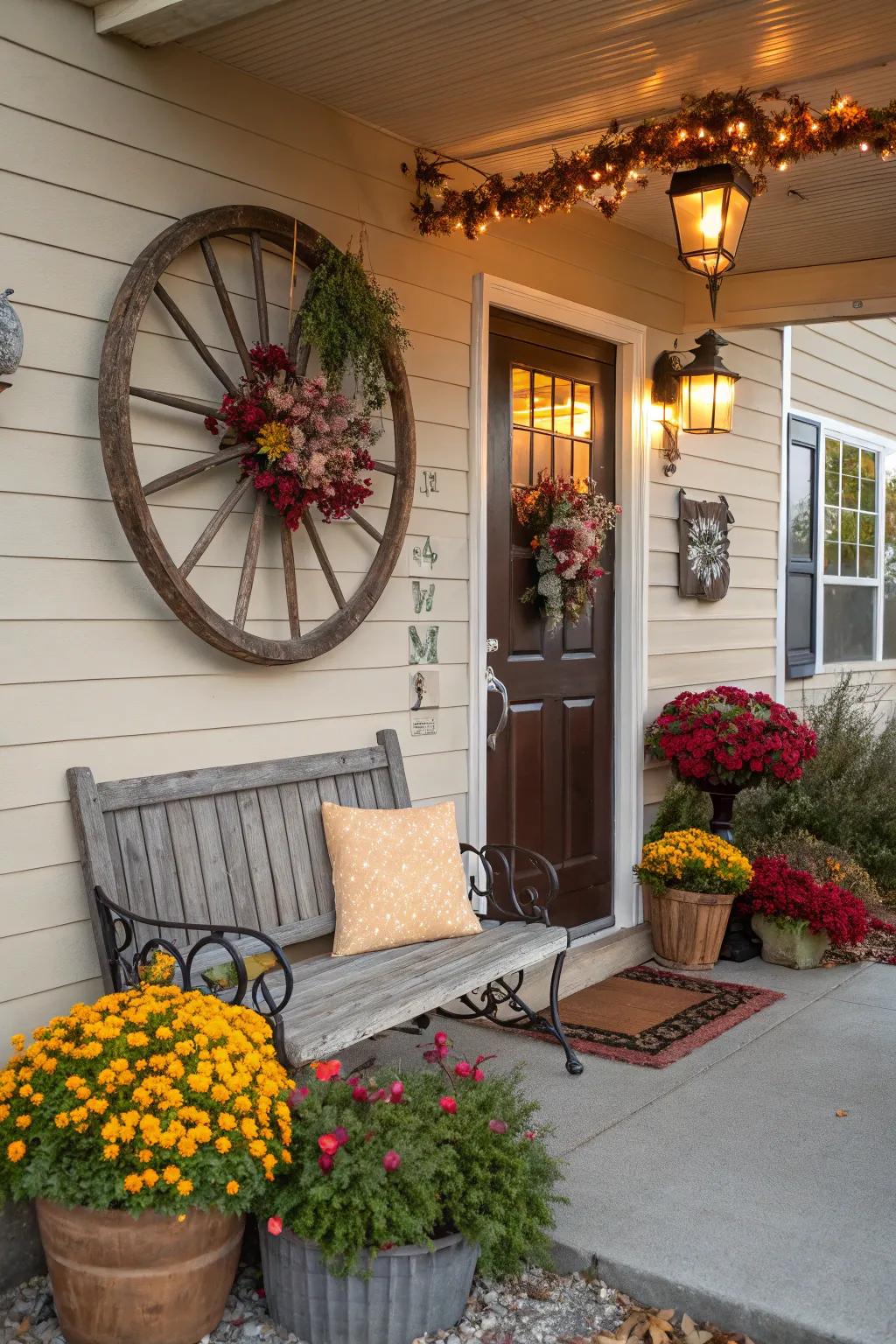 This charming entryway has a pleasant element with the inclusion of a cart wheel.