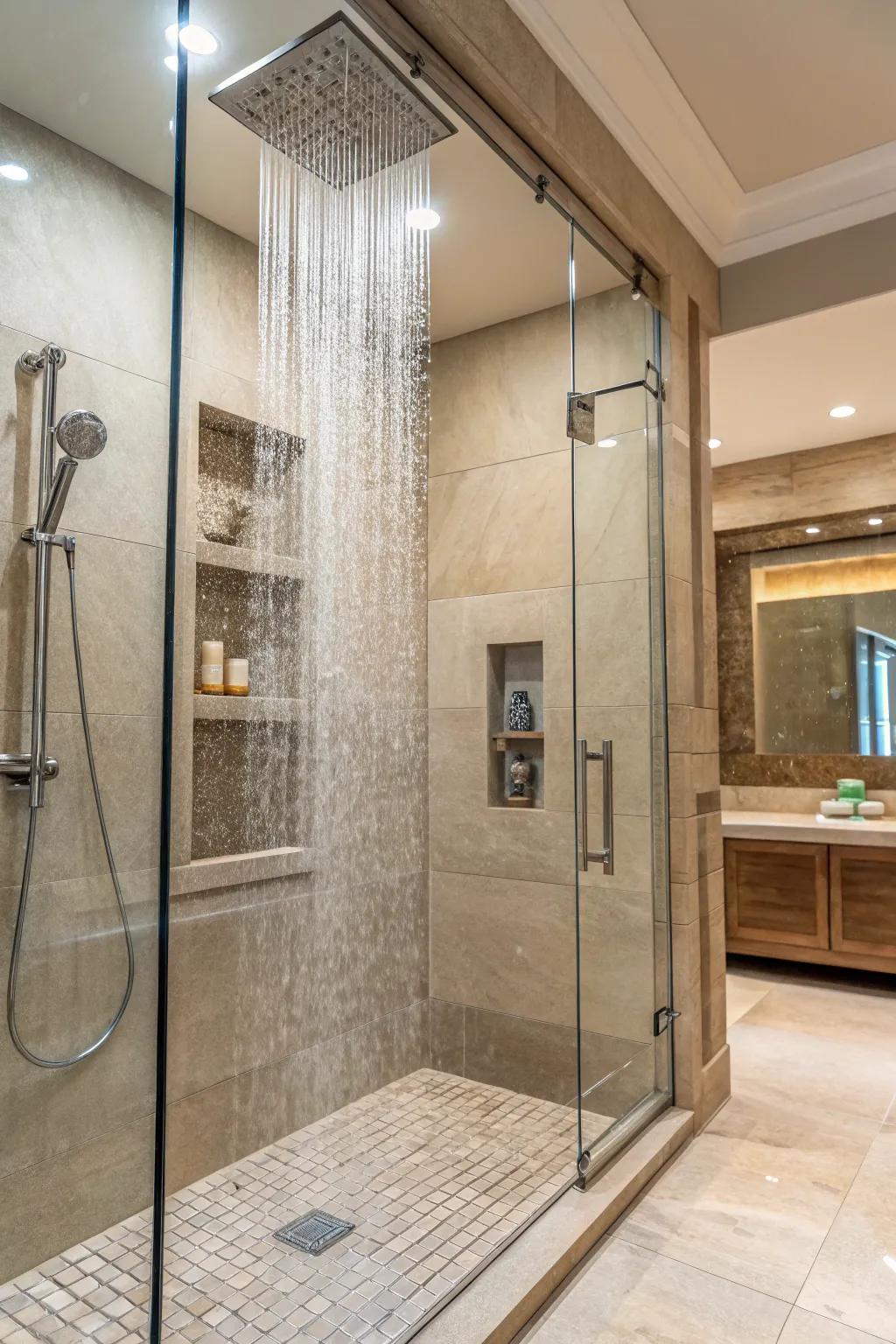 A spa-inspired walk-in shower promoting relaxation and tranquility.