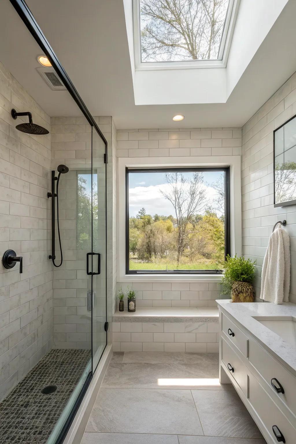 A narrow window in a walk-in shower, adding refinement without sacrificing seclusion.