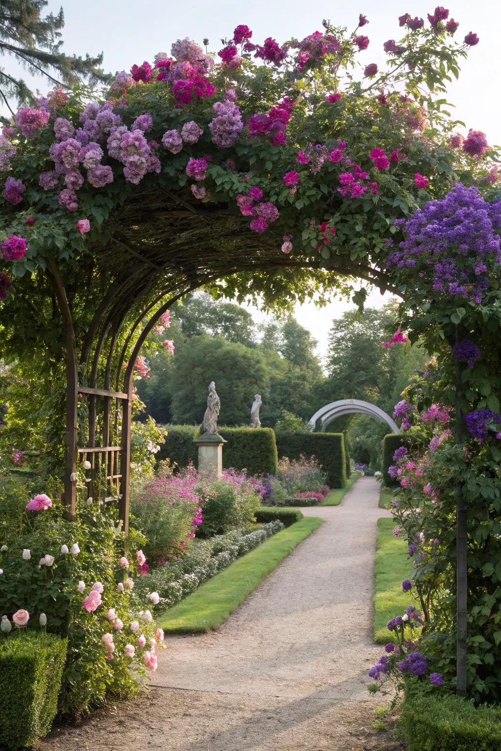 Flowering arches contribute vibrant hues and fragrance to your garden pathway.