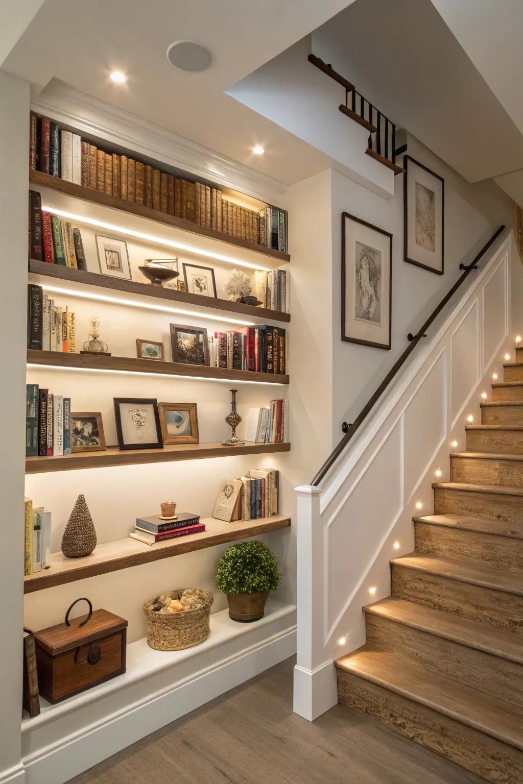 Floating shelves maximize the aesthetic and functional potential of your stairway area.