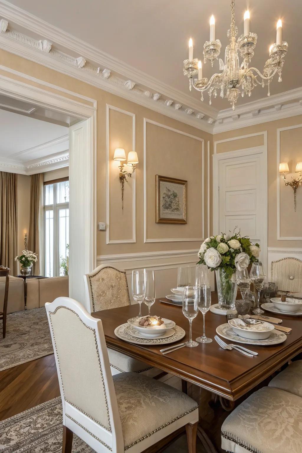 Ageless elegance featuring beige walls and white trim.