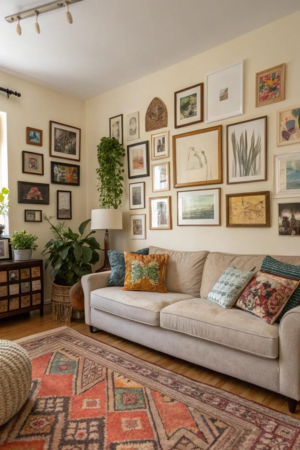 A living room gallery wall featuring a blend of artistic expressions.