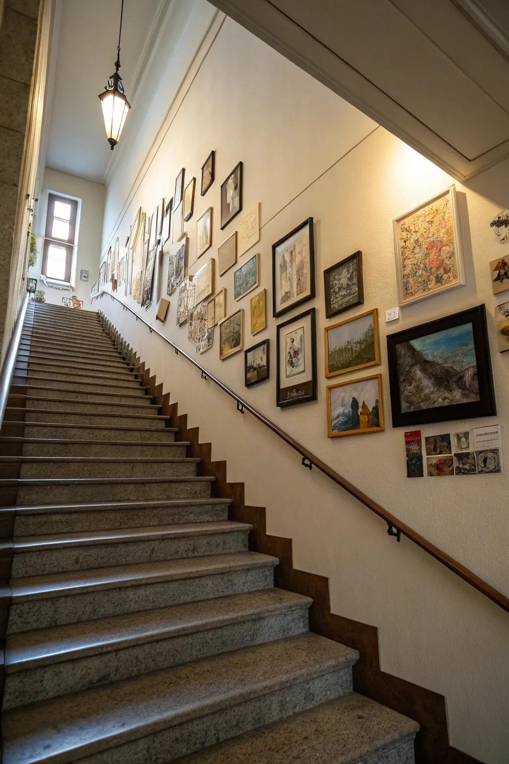 Art pieces precisely aligned alongside a staircase.