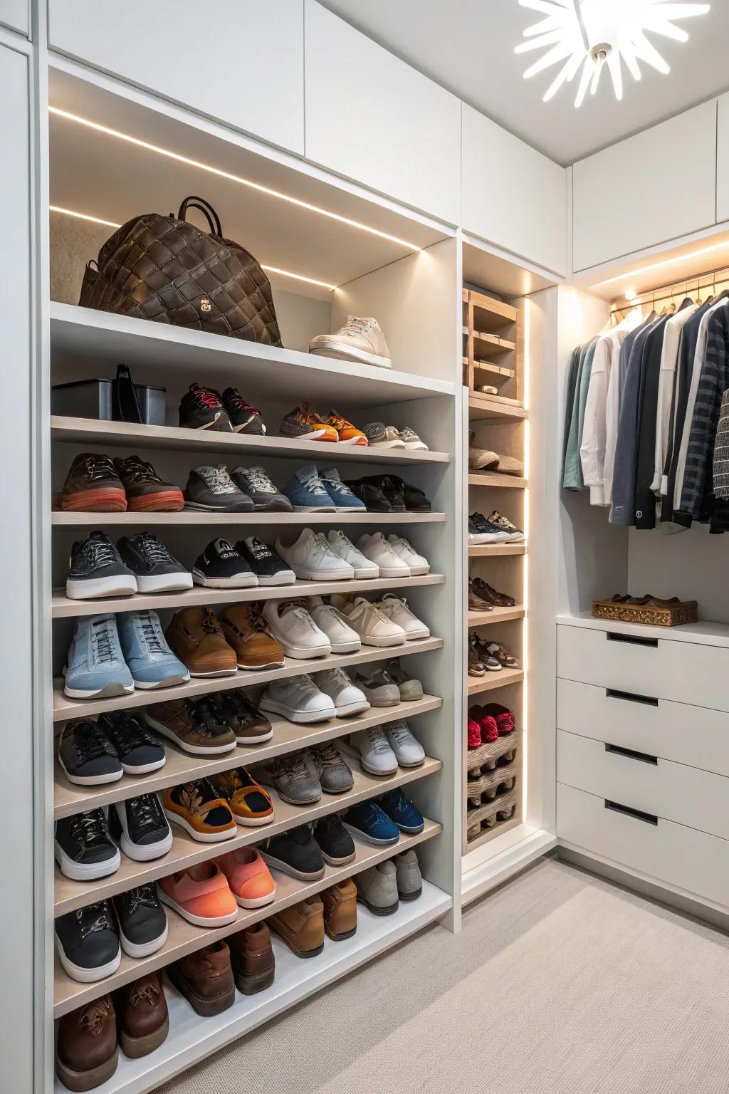 A shoe storage section in a wall closet for a well-organized look.