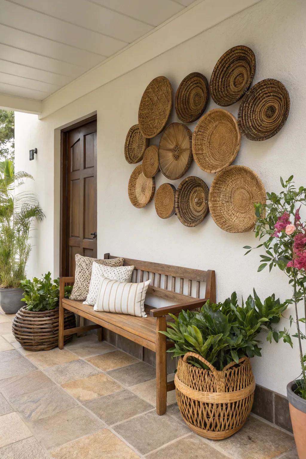 Woven baskets introduce texture and warmth.
