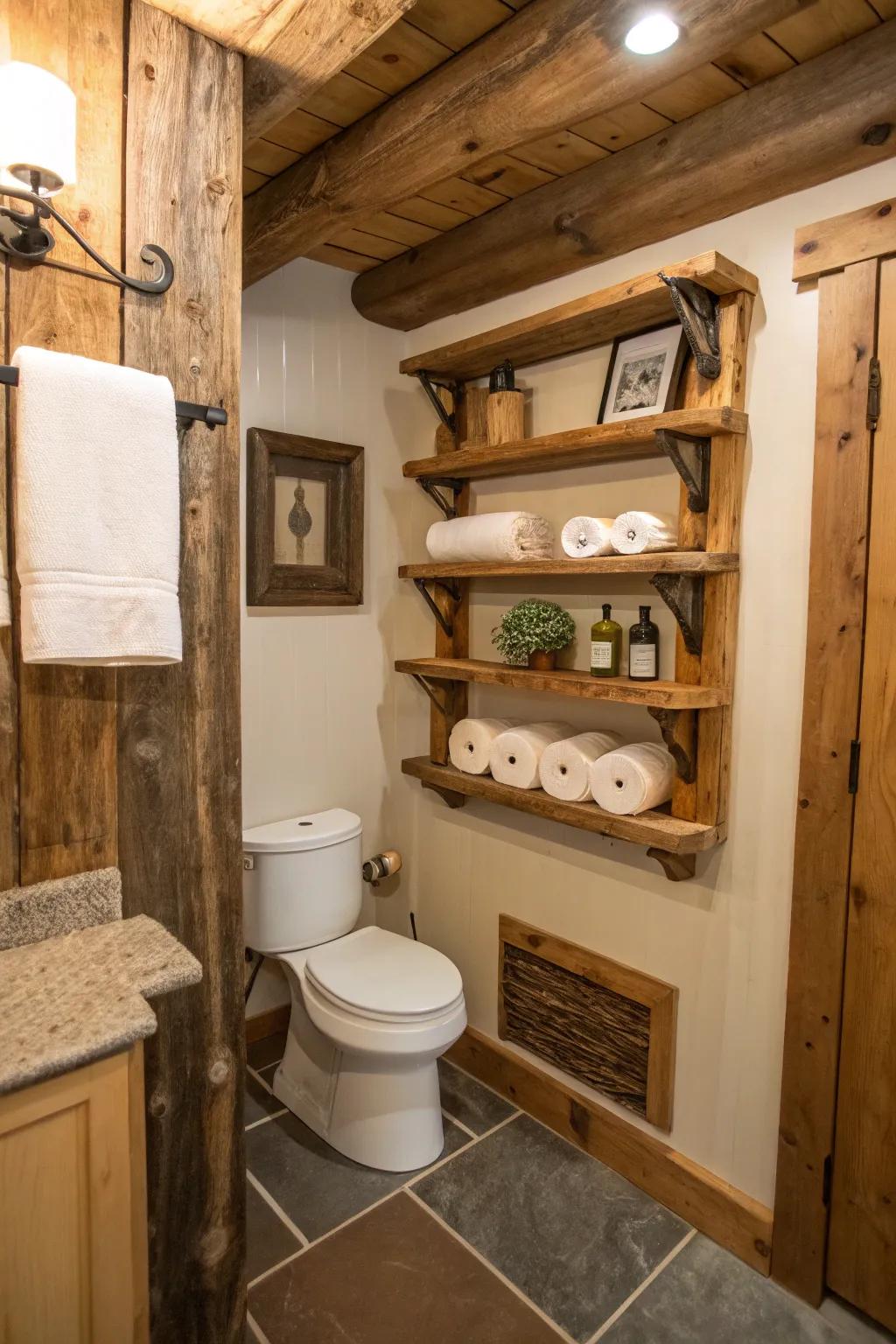 Add country warmth with wood toilet paper storage.